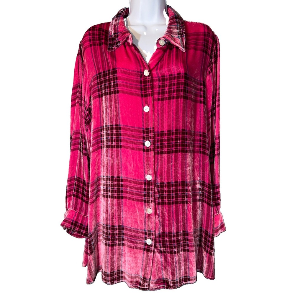 Soft Surroundings Plaid Velvet Shirt 1X Plus Pink Silk Blend Button Down
